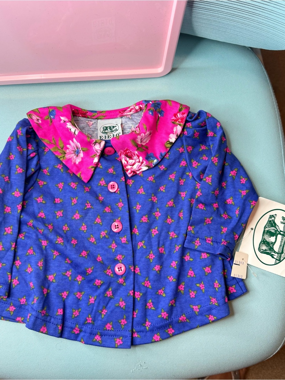 Vintage Girls' Floral Button-Front Top in Purple with Pink Collar NWT D